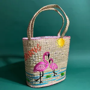 VIntage Bahamas Flamingos Straw Bucket Bag