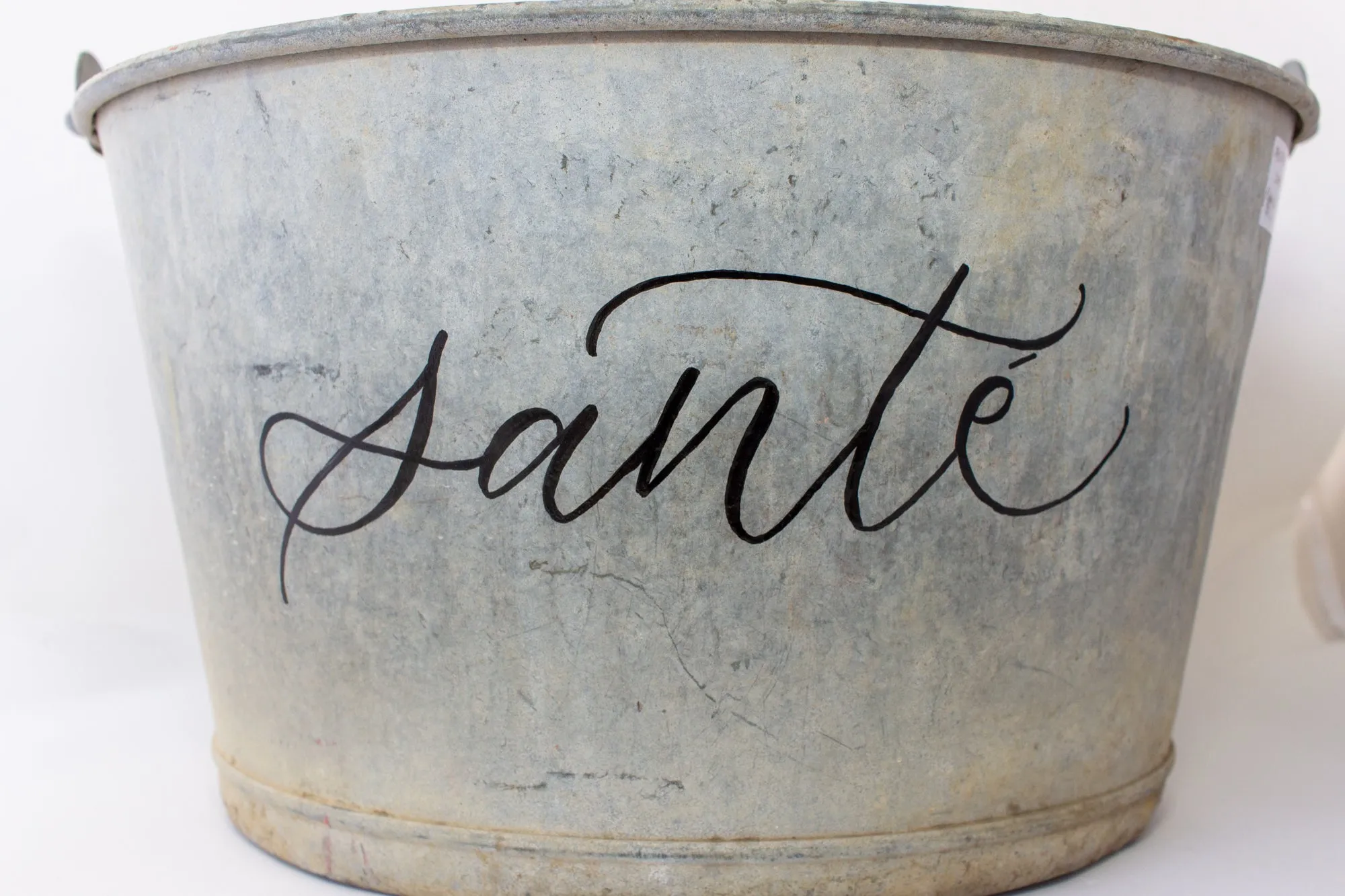 Vintage French Zinc Bucket with Custom "Santé" Calligraphy