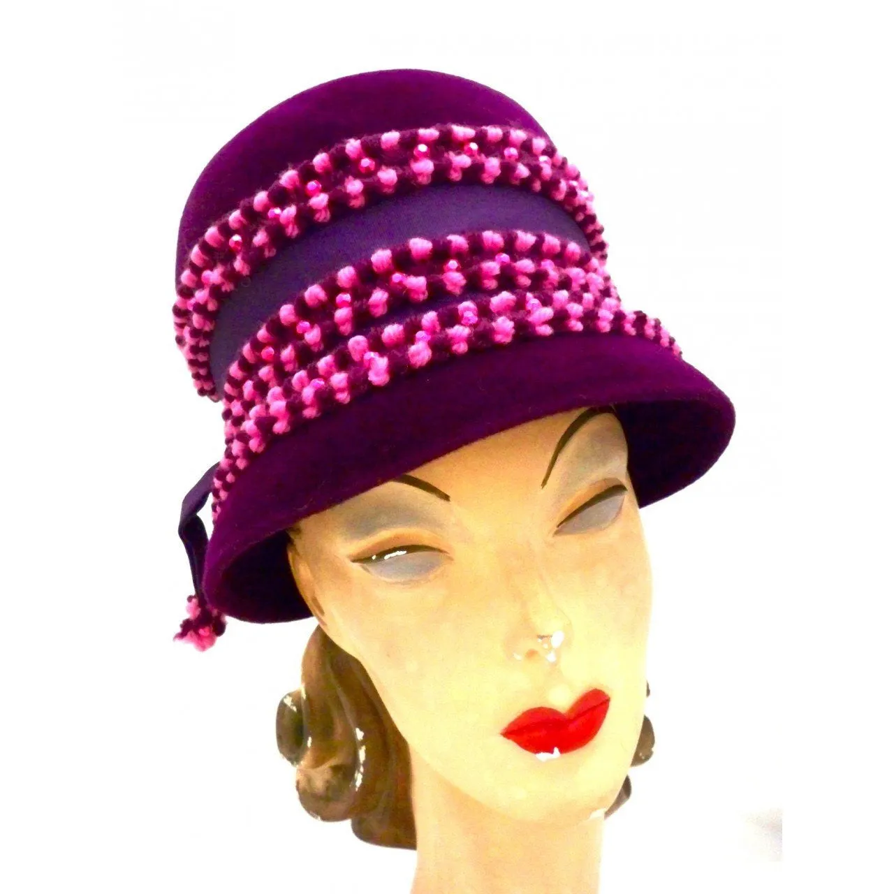 Vintage Purple High Bucket Hat Beads Oleg Cassini 1960s