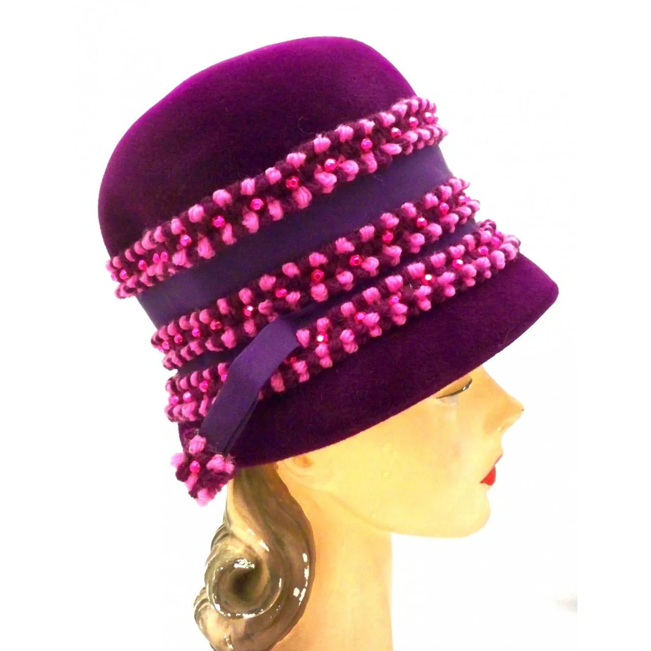 Vintage Purple High Bucket Hat Beads Oleg Cassini 1960s