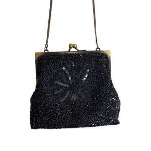 Vintage Women's Black Beaded Chain Strap Crossbody Evening Miniclutch Sz S
