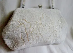 Vtg WHITE FLORAL BEAD Rhinestone CLASP HANDBAG Purse Clutch Evening Bag Vegan