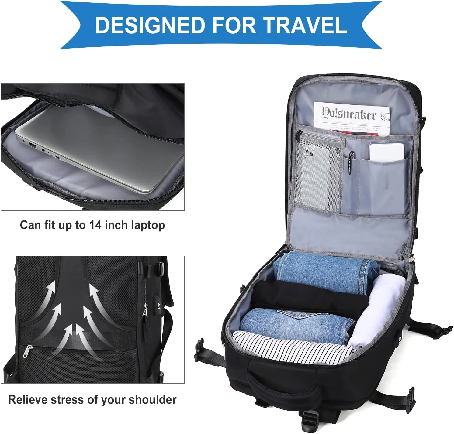 Waterproof Travel Backpack, Outdoor Sports Rucksack with USB Charging Port & Shoe Compartment