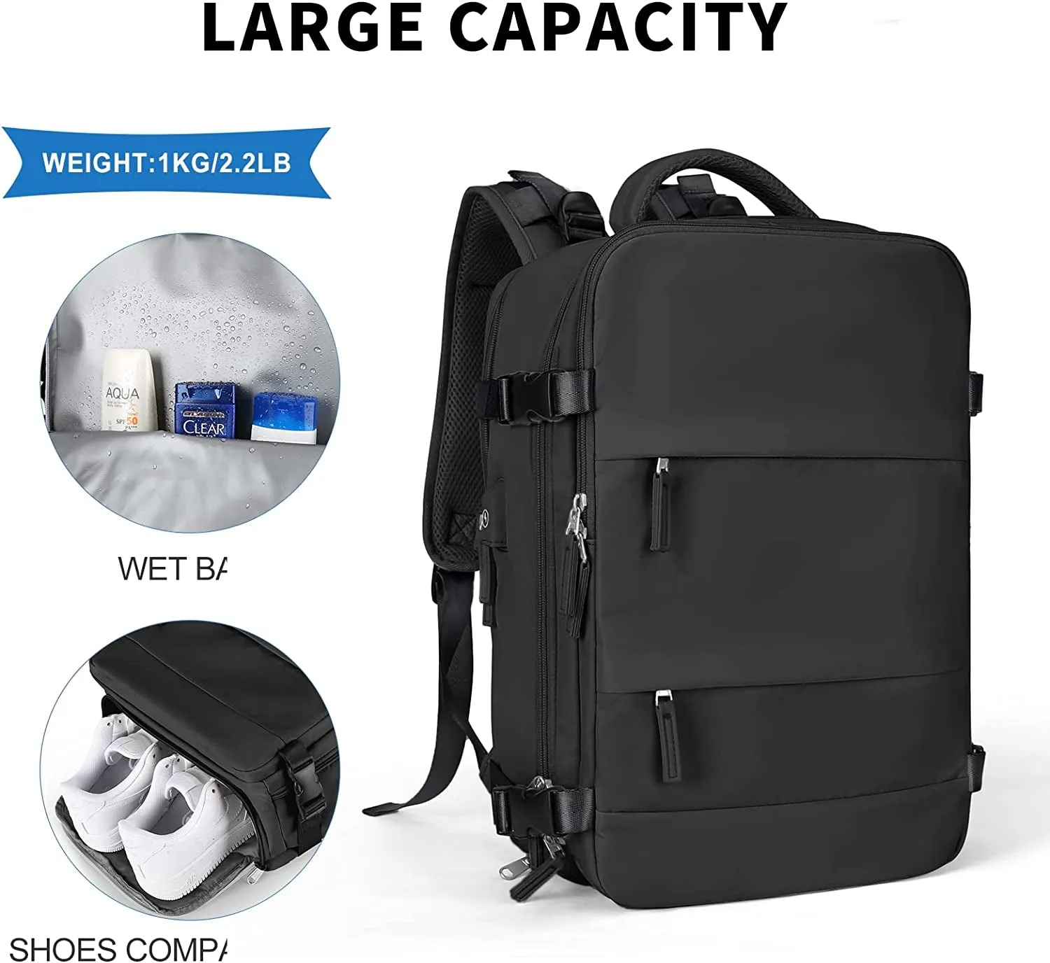 Waterproof Travel Backpack, Outdoor Sports Rucksack with USB Charging Port & Shoe Compartment