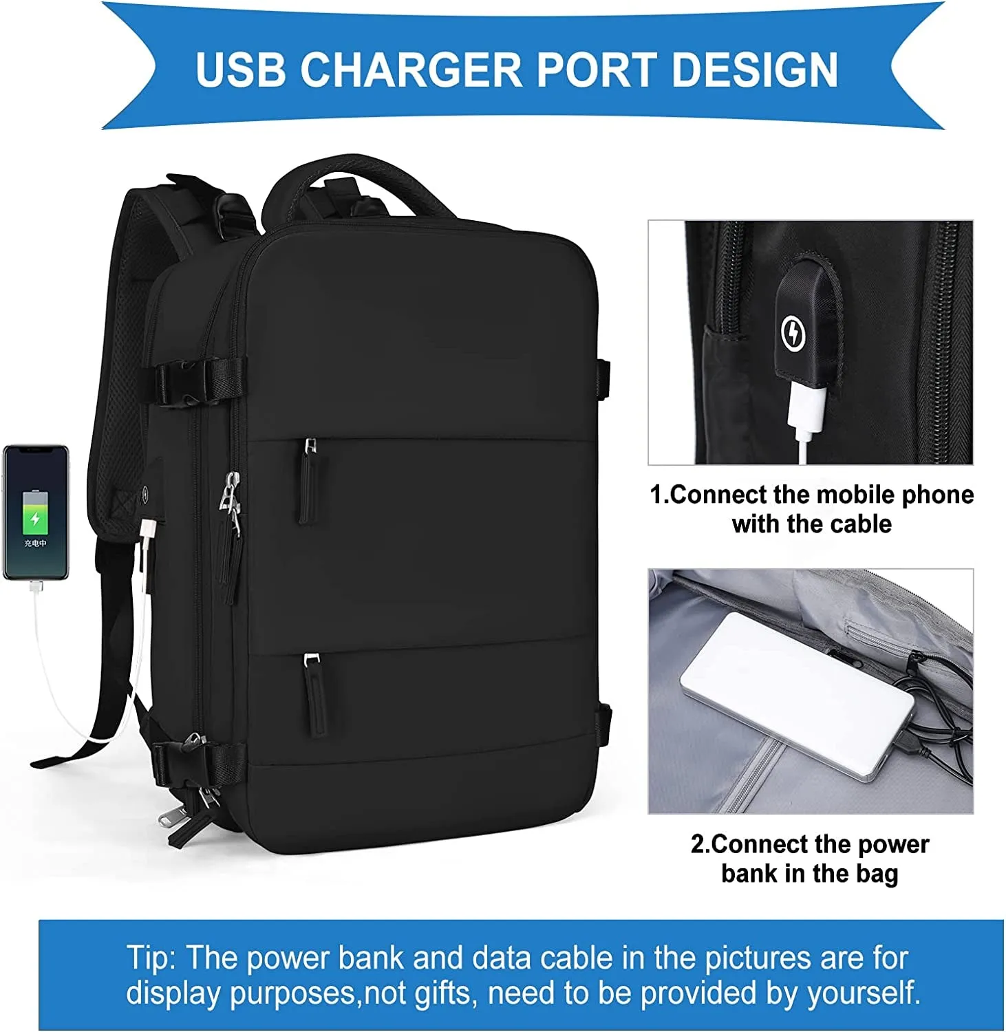 Waterproof Travel Backpack, Outdoor Sports Rucksack with USB Charging Port & Shoe Compartment