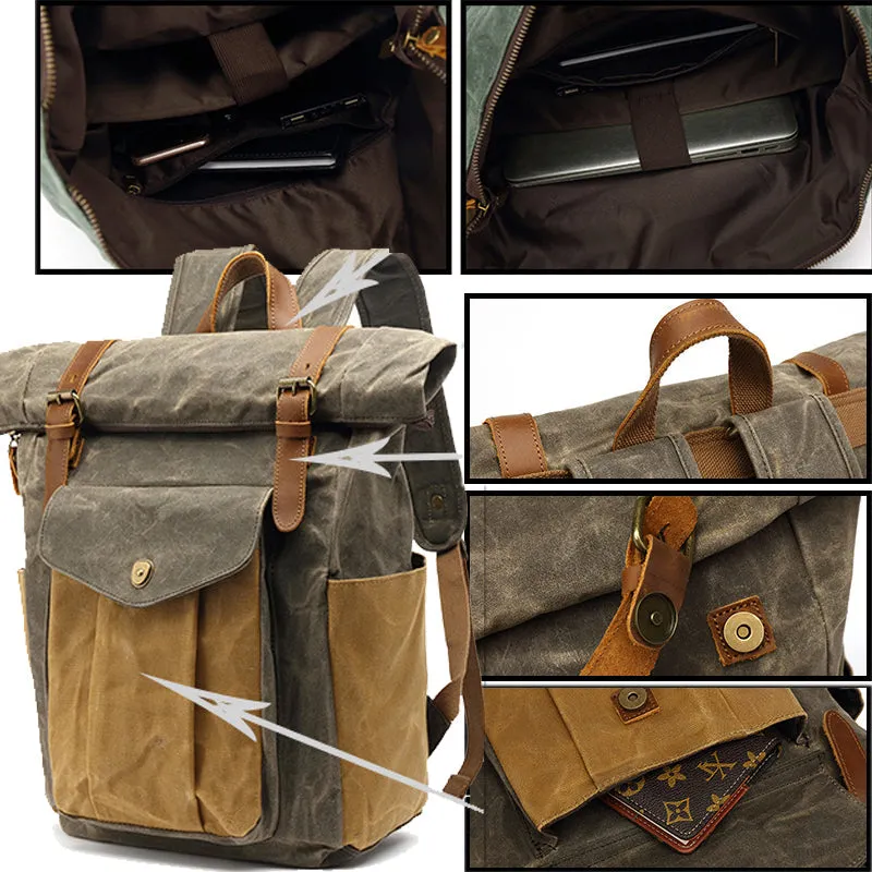Waxed Canvas Roll Top Backpack Laptop Bag