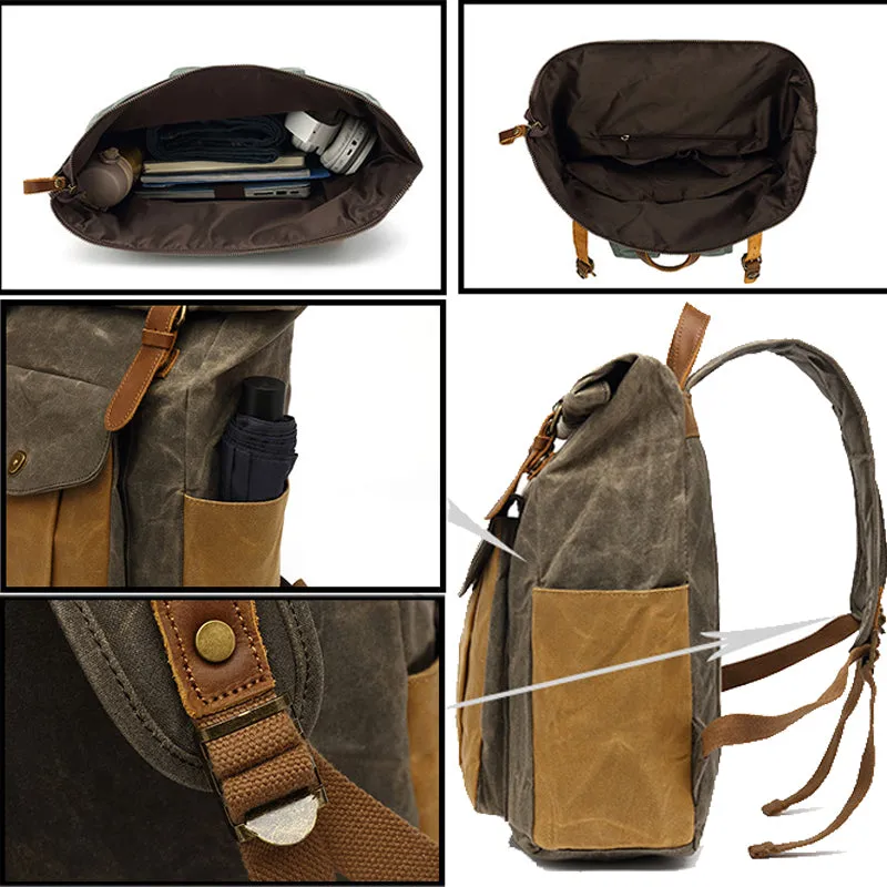 Waxed Canvas Roll Top Backpack Laptop Bag