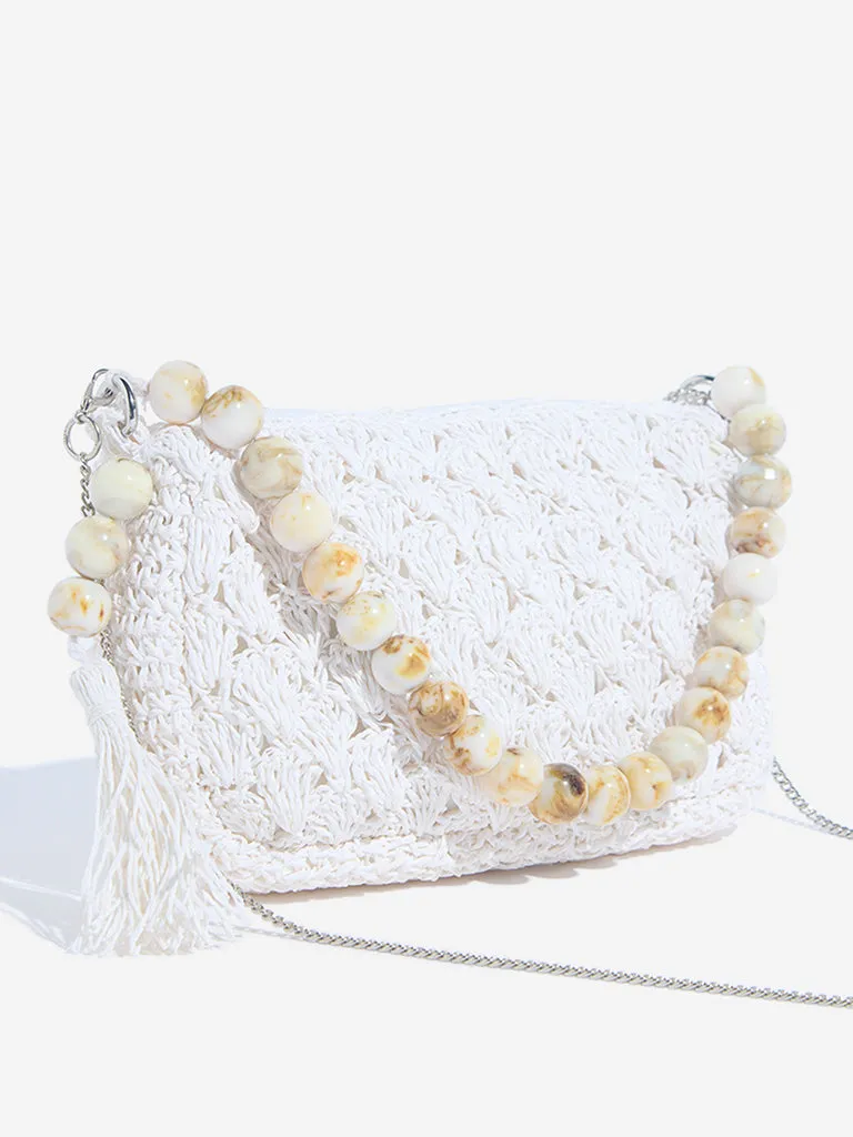 Westside White Raffia Beaded Sling Bag