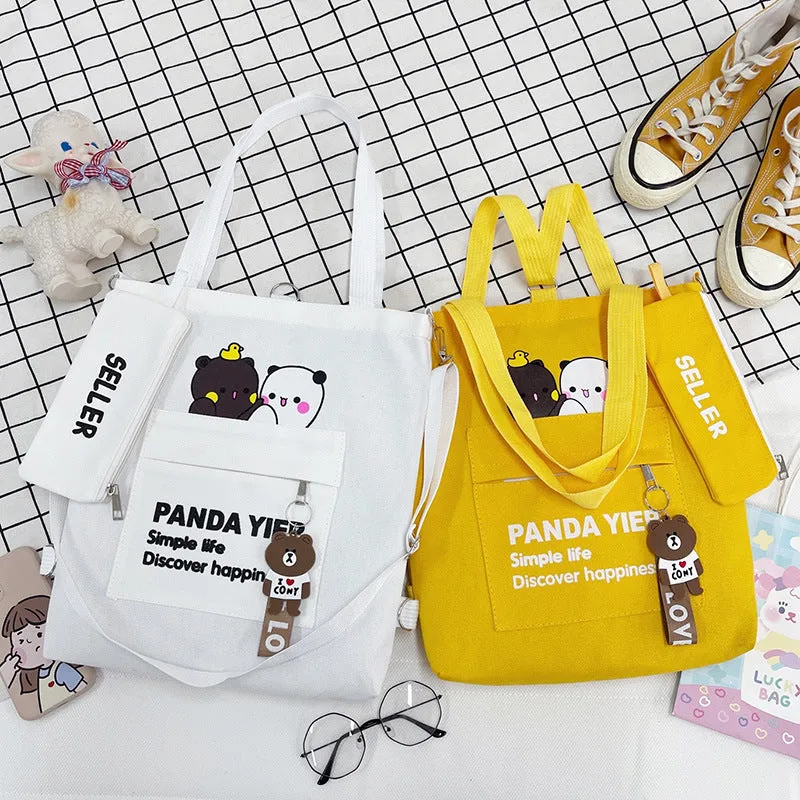 Wholesale Canvas Shoulder Bag Cartoon Bear Two-piece Student Double Back Canvas Bag Crossbody Large Capacity Tote Bag