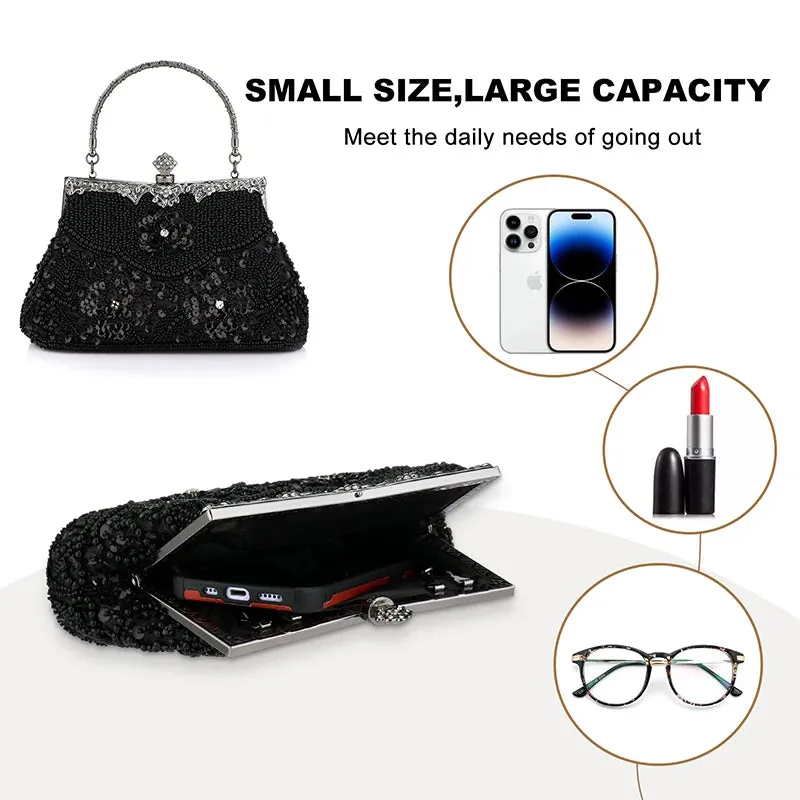 Women Embroidered Beaded Sequin Evening Handbag Vintage Shoulder Bag Purse for Wedding Bridal Prom Party Elegant Top Handle Bag
