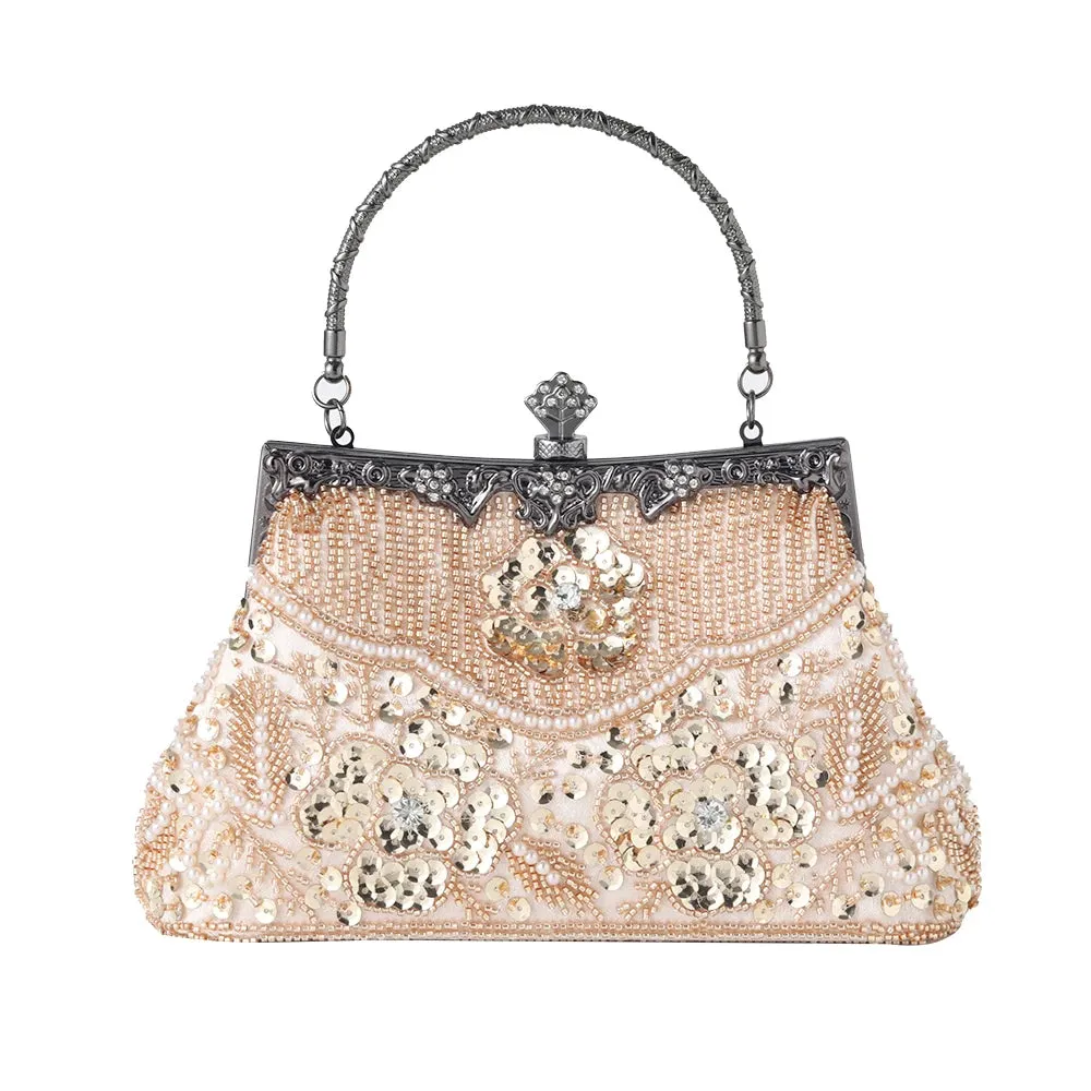 Women Embroidered Beaded Sequin Evening Handbag Vintage Shoulder Bag Purse for Wedding Bridal Prom Party Elegant Top Handle Bag