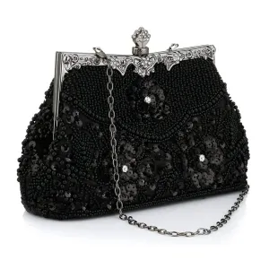 Women Embroidered Beaded Sequin Evening Handbag Vintage Shoulder Bag Purse for Wedding Bridal Prom Party Elegant Top Handle Bag