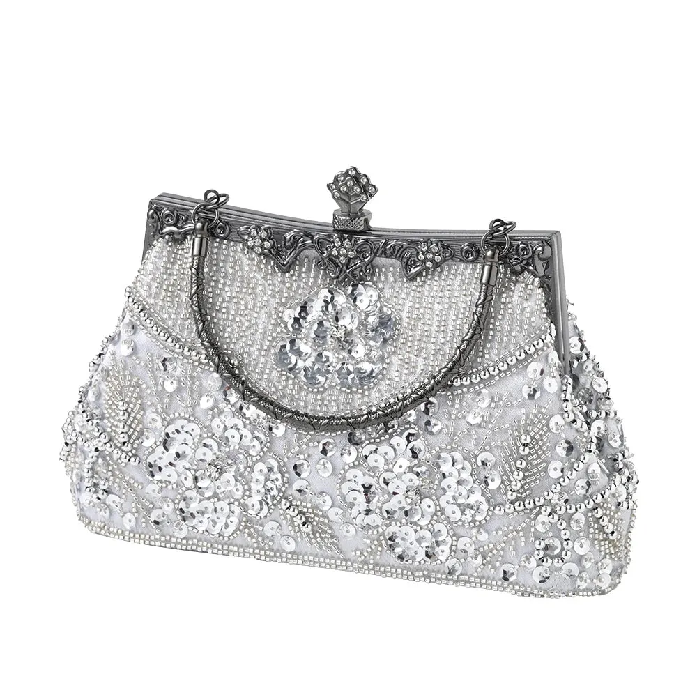Women Embroidered Beaded Sequin Evening Handbag Vintage Shoulder Bag Purse for Wedding Bridal Prom Party Elegant Top Handle Bag