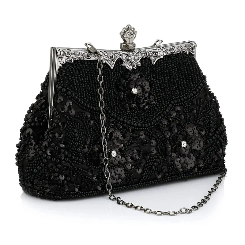 Women Embroidered Beaded Sequin Evening Handbag Vintage Shoulder Bag Purse for Wedding Bridal Prom Party Elegant Top Handle Bag