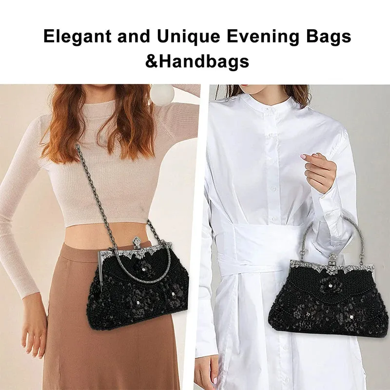 Women Embroidered Beaded Sequin Evening Handbag Vintage Shoulder Bag Purse for Wedding Bridal Prom Party Elegant Top Handle Bag