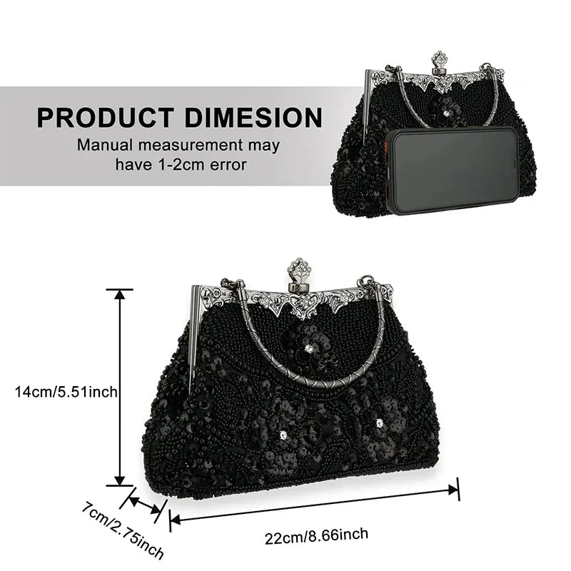 Women Embroidered Beaded Sequin Evening Handbag Vintage Shoulder Bag Purse for Wedding Bridal Prom Party Elegant Top Handle Bag