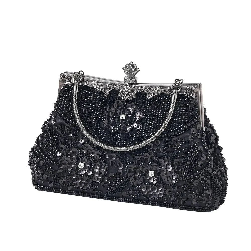 Women Embroidered Beaded Sequin Evening Handbag Vintage Shoulder Bag Purse for Wedding Bridal Prom Party Elegant Top Handle Bag