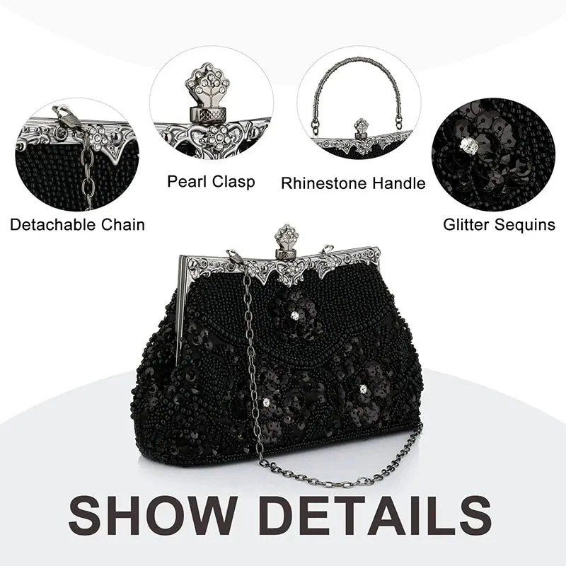 Women Embroidered Beaded Sequin Evening Handbag Vintage Shoulder Bag Purse for Wedding Bridal Prom Party Elegant Top Handle Bag