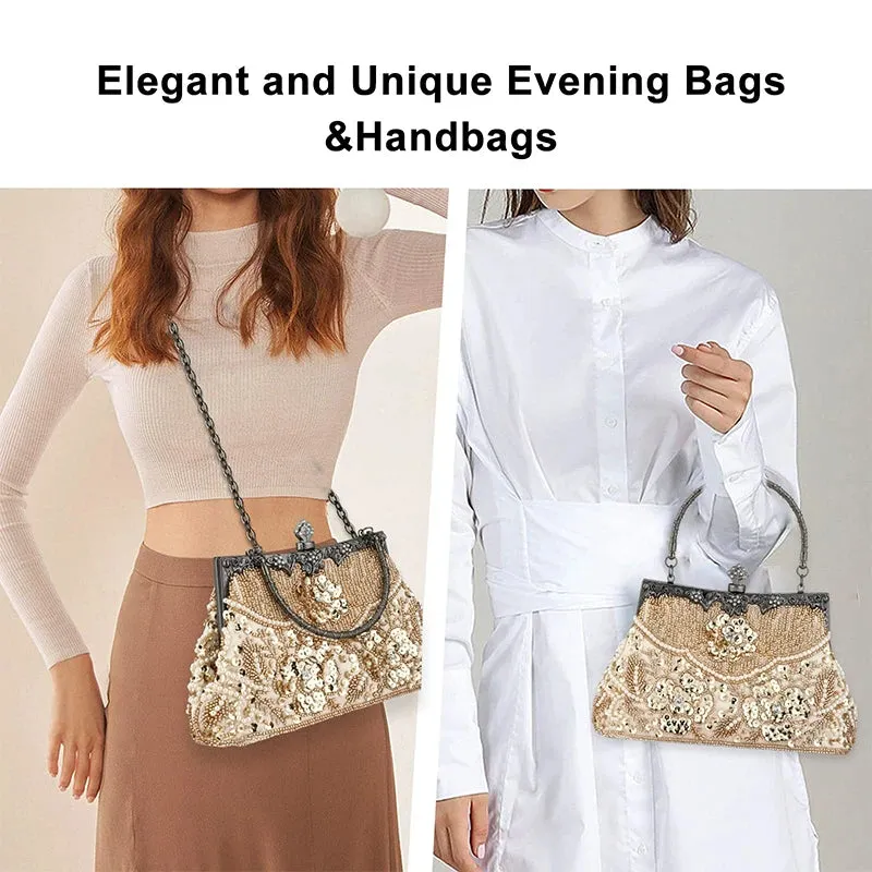 Women Embroidered Beaded Sequin Evening Handbag Vintage Shoulder Bag Purse for Wedding Bridal Prom Party Elegant Top Handle Bag