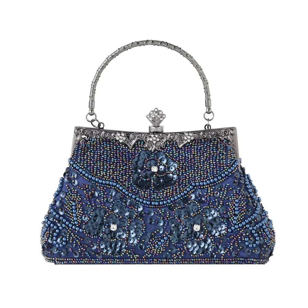 Women Embroidered Beaded Sequin Evening Handbag Vintage Shoulder Bag Purse for Wedding Bridal Prom Party Elegant Top Handle Bag