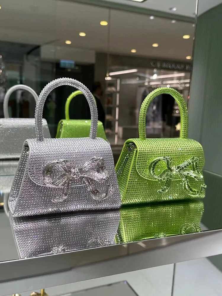 Women's Bling Fashion Bow Diamond Clutch Tote Handbags 2023 Crystal Handle Pink Evening Bag Ladies Wedding Bridal Clutch Purse