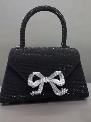 Women's Bling Fashion Bow Diamond Clutch Tote Handbags 2023 Crystal Handle Pink Evening Bag Ladies Wedding Bridal Clutch Purse