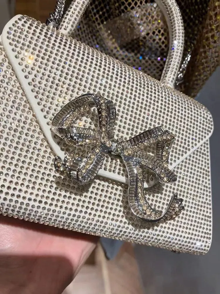Women's Bling Fashion Bow Diamond Clutch Tote Handbags 2023 Crystal Handle Pink Evening Bag Ladies Wedding Bridal Clutch Purse