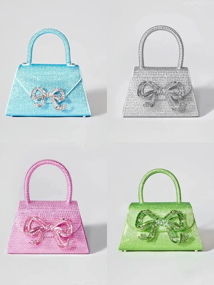 Women's Bling Fashion Bow Diamond Clutch Tote Handbags 2023 Crystal Handle Pink Evening Bag Ladies Wedding Bridal Clutch Purse