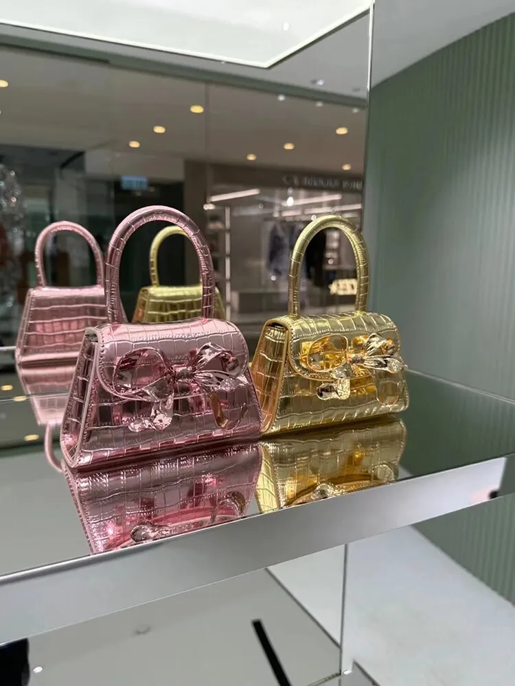 Women's Bling Fashion Bow Diamond Clutch Tote Handbags 2023 Crystal Handle Pink Evening Bag Ladies Wedding Bridal Clutch Purse