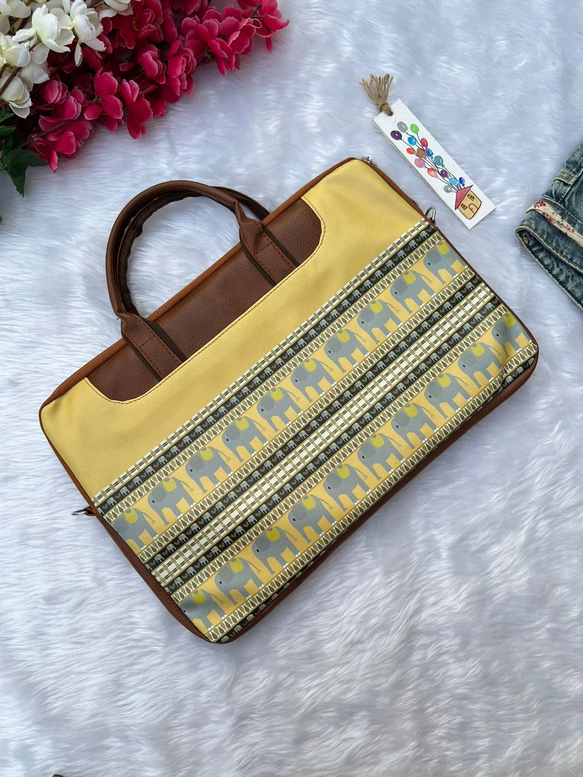 Yellow Colour Elephant Print Laptop Bag